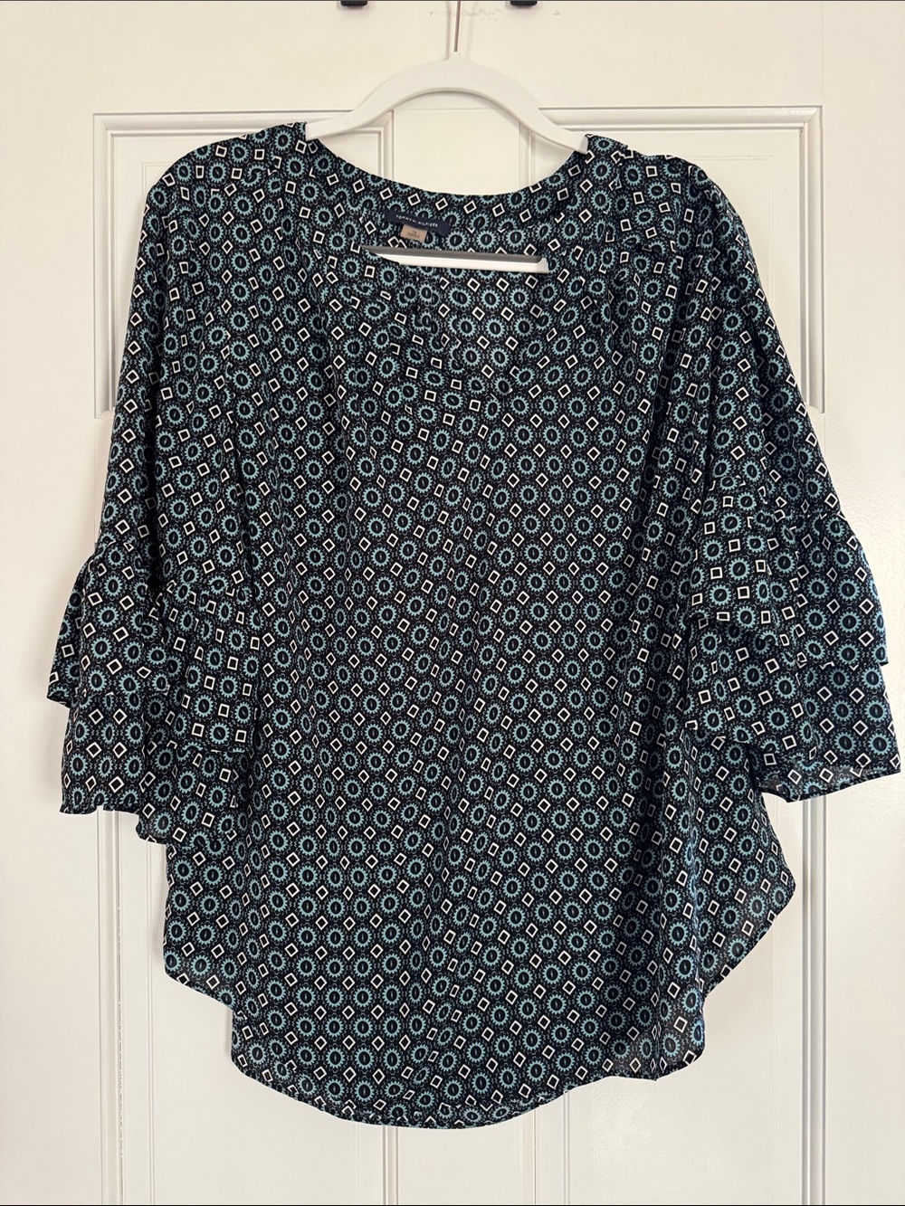 Tommy Hilfiger Navy Geometric Ruffle-Sleeve Blouse
